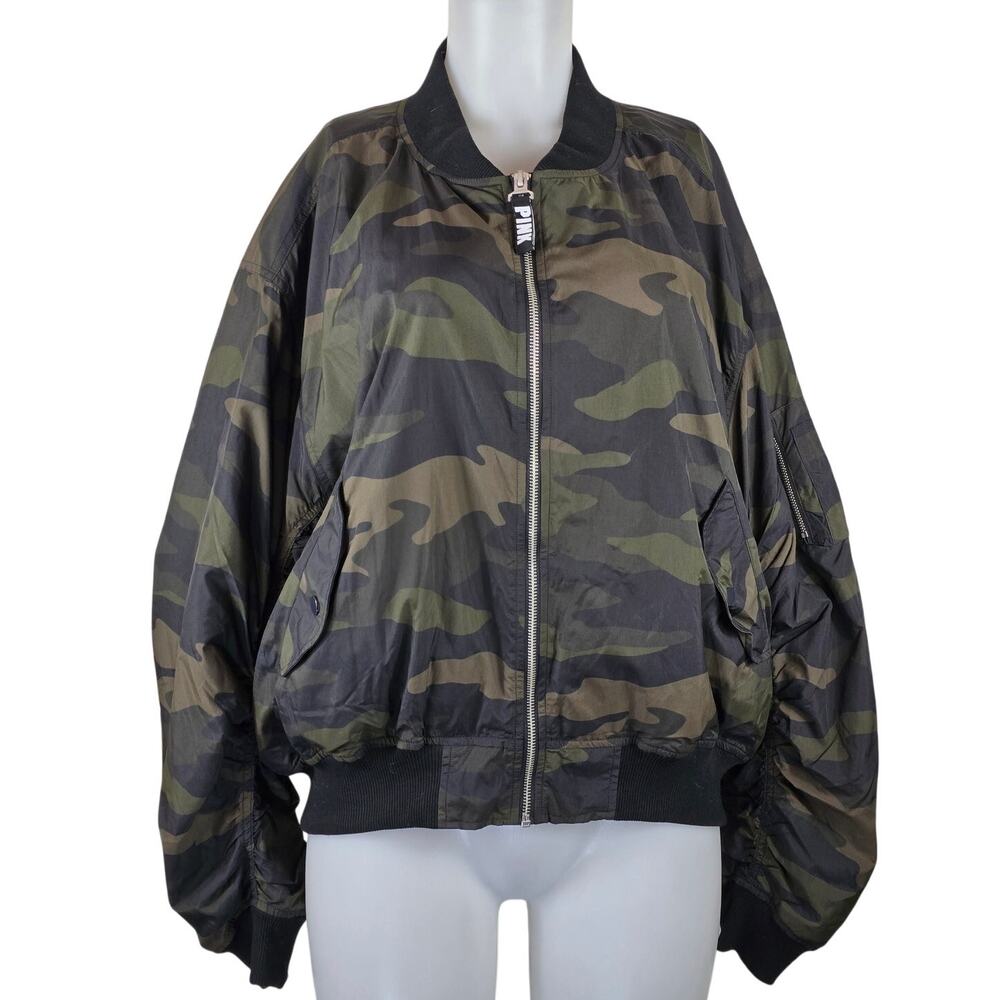 Victoria Secret Pink Semi Crop Black Camoflauge Womens Bomber Jacket L